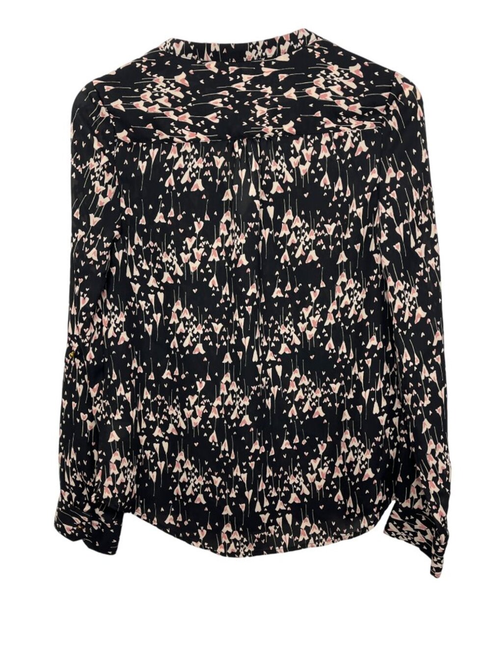 LC Lauren Conrad Womens XS Black Pink Floral Roll Tab Sleeve Blouse - Picture 2 of 12